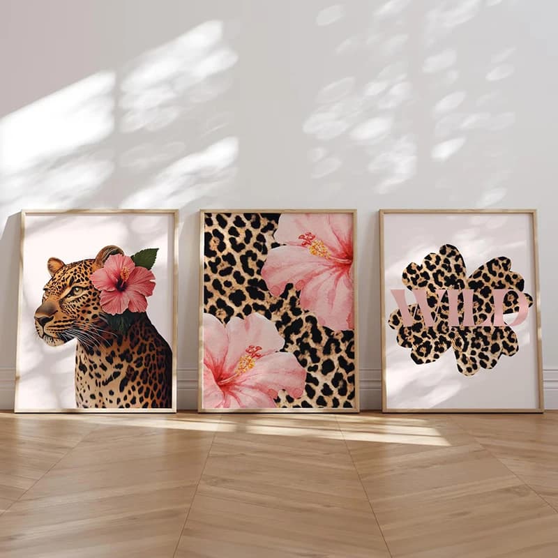 (2D Canvas Painting) Funky Leopard Hibiscus Flower Pink Cheetah Canvas Painting Print Poster Vintage Hawaiian Animal Art Pri