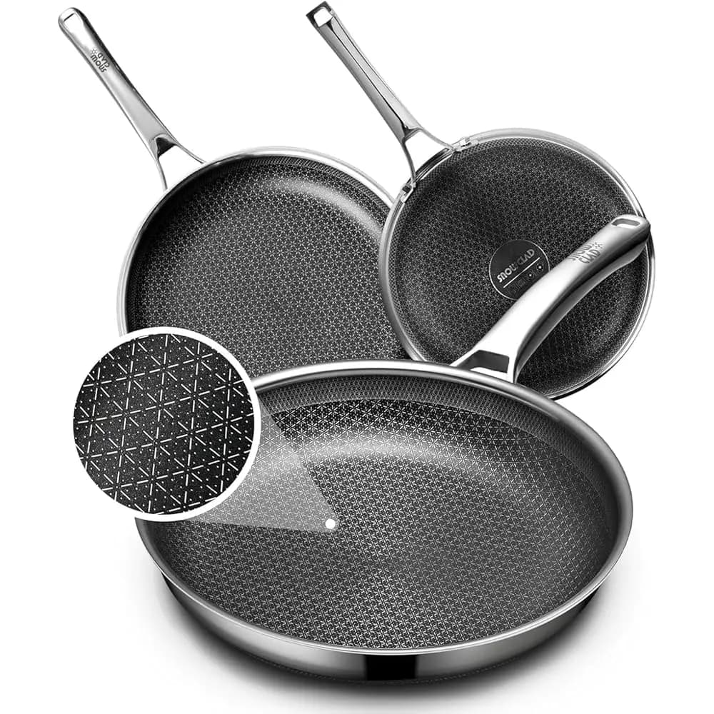 Set di padelle antiaderenti, set di padelle ibride antiaderenti (8+10+12 pollici), padelle per cucinare, senza PFOA, in acciaio inossidabile per la cucina