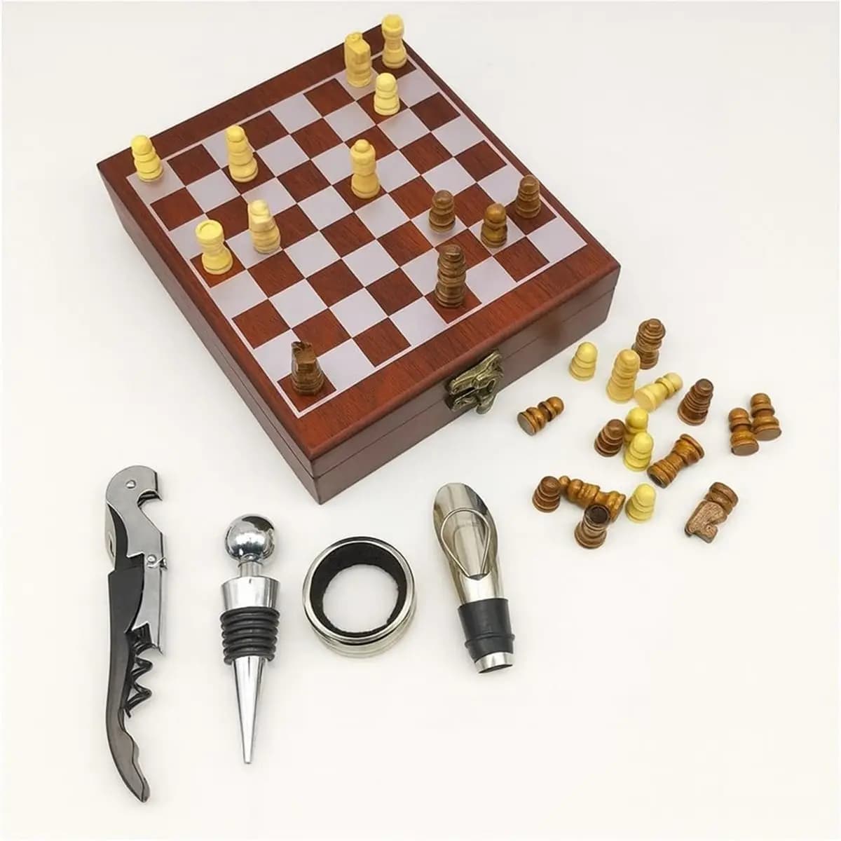 Box with Chess Set - with Wine Opener, Wine Stopper, Wine Pourer & Wine Drip Ring - Special Gift for Travel