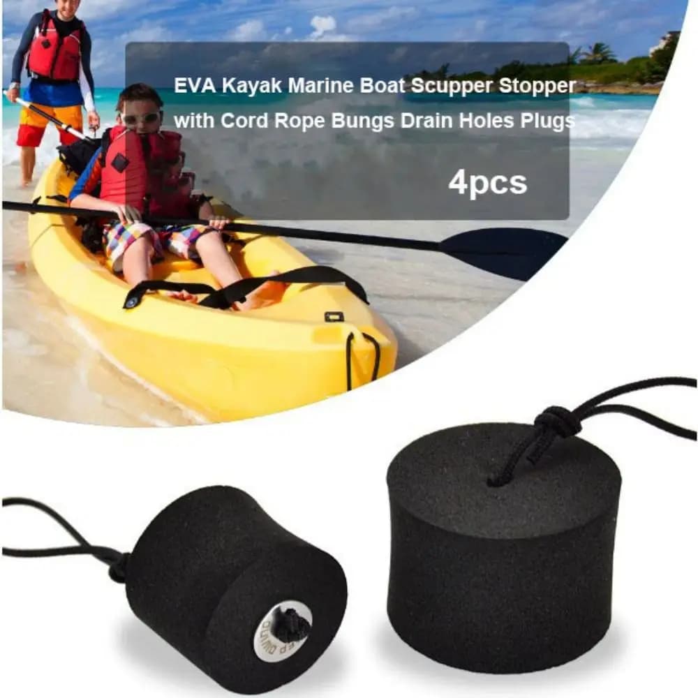 4pcs New EVA Kayak Marine Boat Scupper Stopper with Cord Rope Bungs 2 Sizes Drain Holes Plugs Black Kayak Accessory