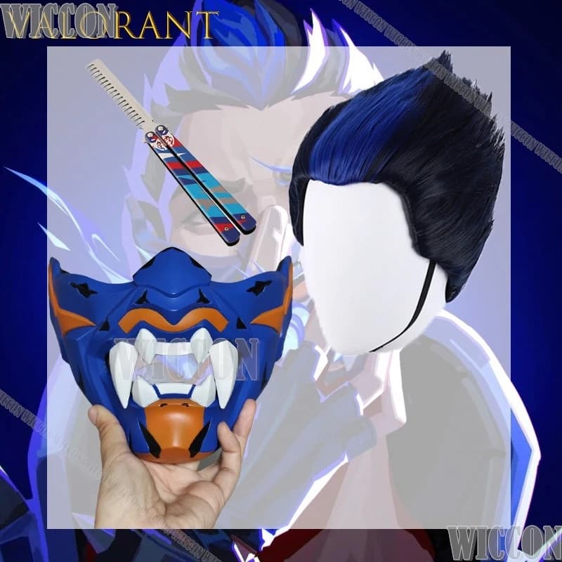 VALORANT Yoru Cosplay Wig With Smooth Hair Smooth Version 2 Gradient Blue In Highlights Jester Mask Half Face Navidad Comic With