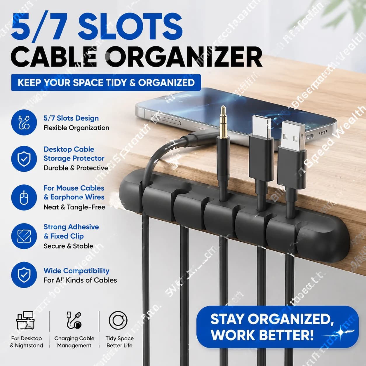 5/7 hole data cable organizer, protection for storing table charging cables, mouse cable, headphone winding device, fastening clip