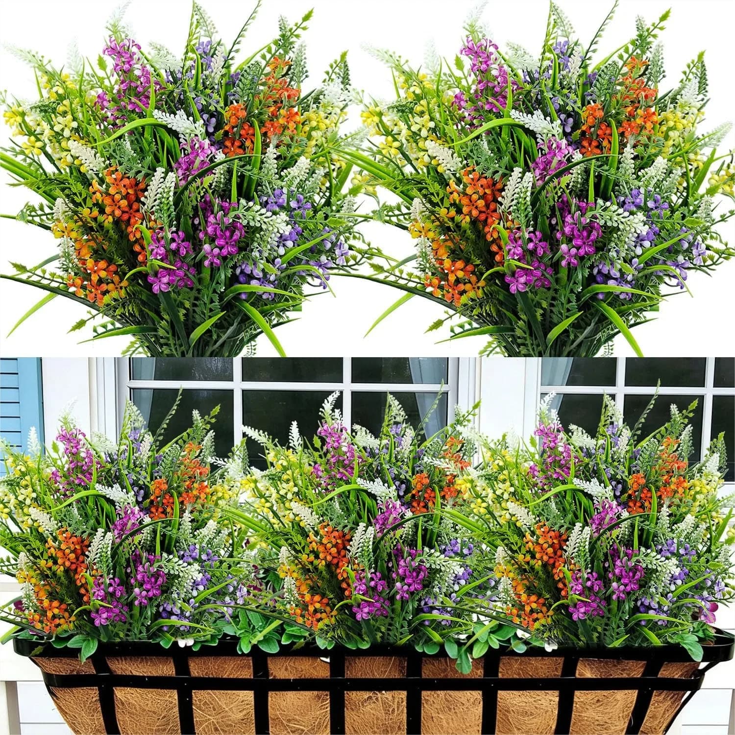 8 Bundles Artificial Flowers UV Resistant Faux Plants Greenery for Porch Balcony Patio Garden Home Decor