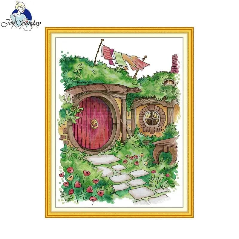 Joy Sunday Kit per Punto Croce con Motivo 'La Casetta del Hobbit', Aida 16/14/11CT, Set per Ricamo Fai-da-Te, Decorazione per la Casa, Regalo Artigianale