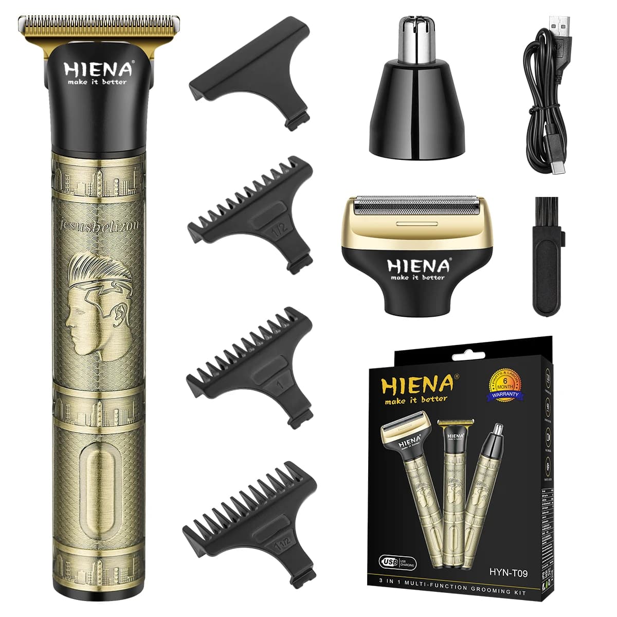 Kit di Cura Personale 3-in-1 per Uomo HIENA HYN-T09, Tagliacapelli Ricaricabile USB, Regolabarba, Rasoio per Peli del Naso