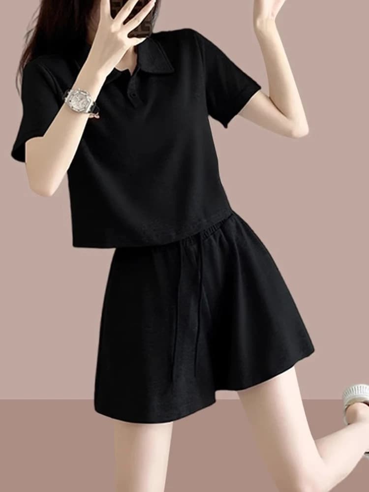 Summer 2026 Casual Fashionable Ladies' Sportswear Set Short Sleeve Shorts Two-Piece Suit Small Size Trendy Cotton Polyester B...