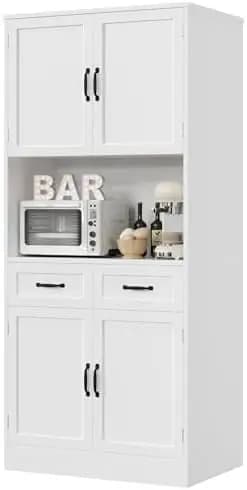 71“ Tall Kitchen Pantry Storage Cabinet, Modern Kitchen Hutch Bar Cabinet with Microwave Stand, Wood Buffet Sideboard