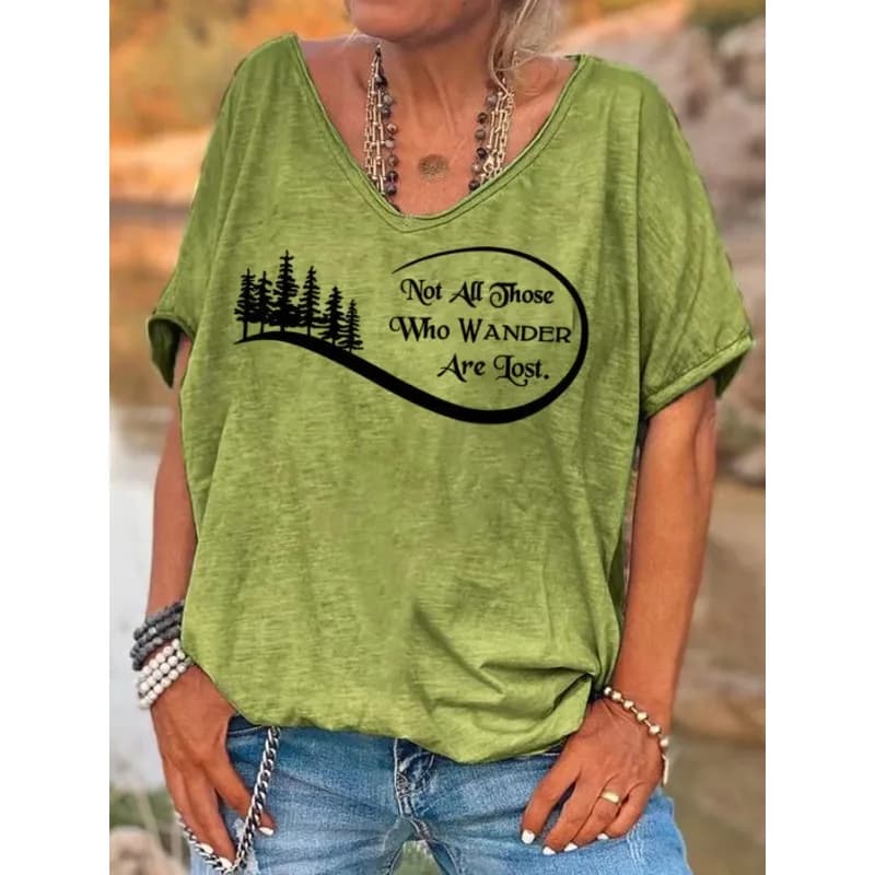 ilstile Women's Hiking Forest Letter Print T-Shirts Summer Short Sleeve Casual Loose V Neck Tops Green White Tees
