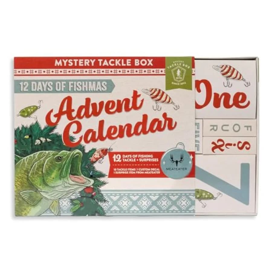 Mystery Tackle Box Calendario dell'Avvento 12 Giorni di Fishmas, Set Regalo di Esche per la Pesca al Bass con 35 esche e artificiali inclusi 10 Premium B