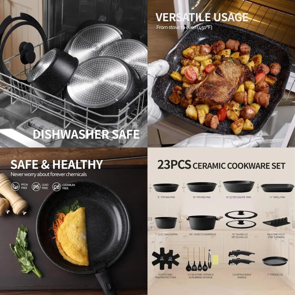 Set of 23-piece black detachable ceramic pots, oven-resistant non-stick pots with pans and pots