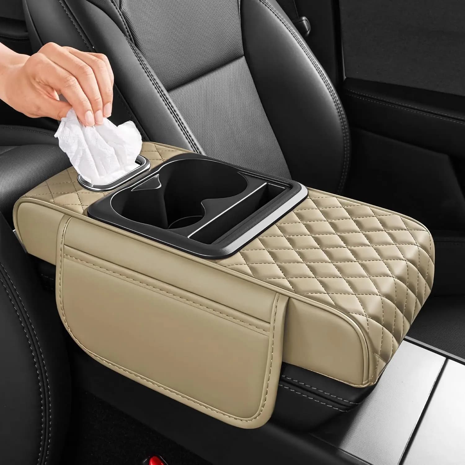 Copertura Universale per Console Centrale Auto con Tasche Portaoggetti, Portabicchieri, Porta Telefono e Organizzatore Porta Fazzoletti in Beige