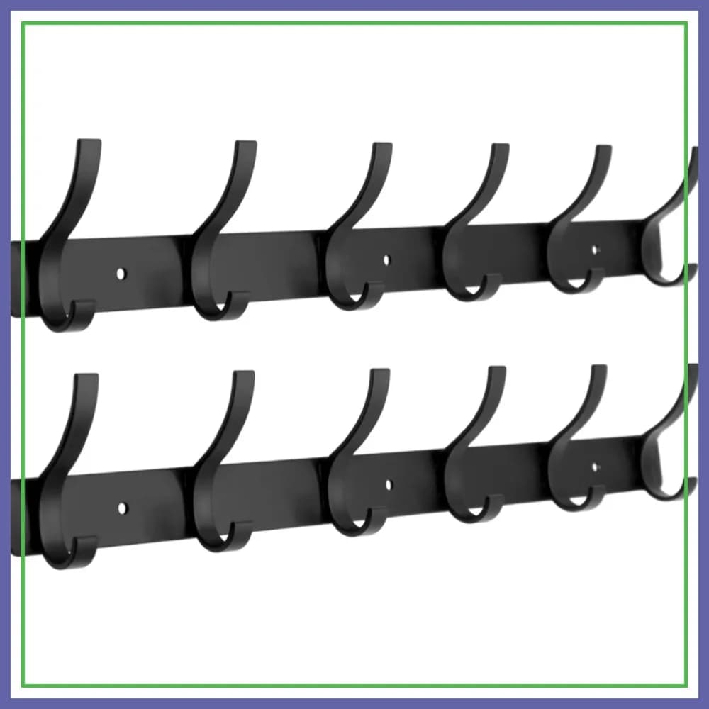 Appendiabiti da parete con 6 ganci, barra a doppio gancio in metallo per cappelli, asciugamani, borse, vestaglie - Confezione da 2, nero