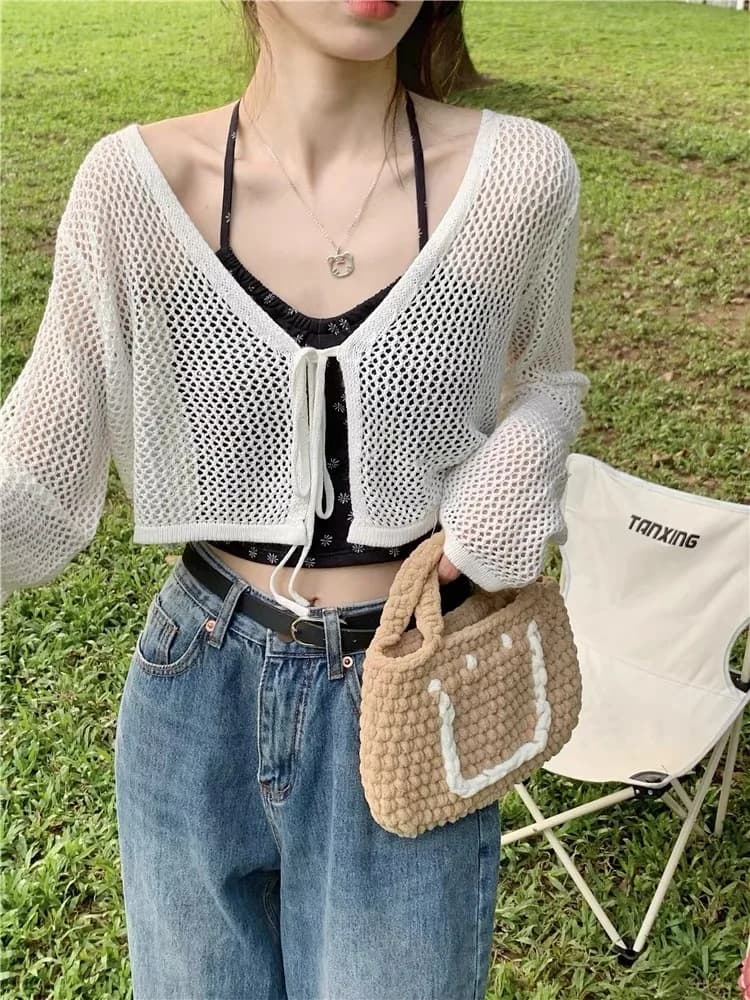 Cardigan Corto Estivo da Donna Sottile e Traforato, Copricostume Parasole, con Cintura, Traspirante e Delicato sulla Pelle