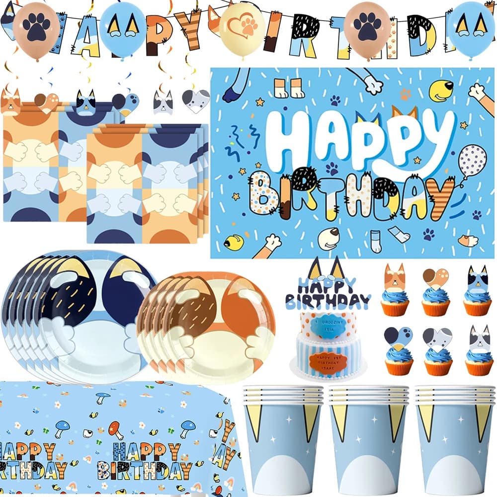 New Cartoon Dogs Birthday Party Decorations Blue Dog Balloons Plate Banner Tableware Set for Baby Shower Party Favors Kids Gifts