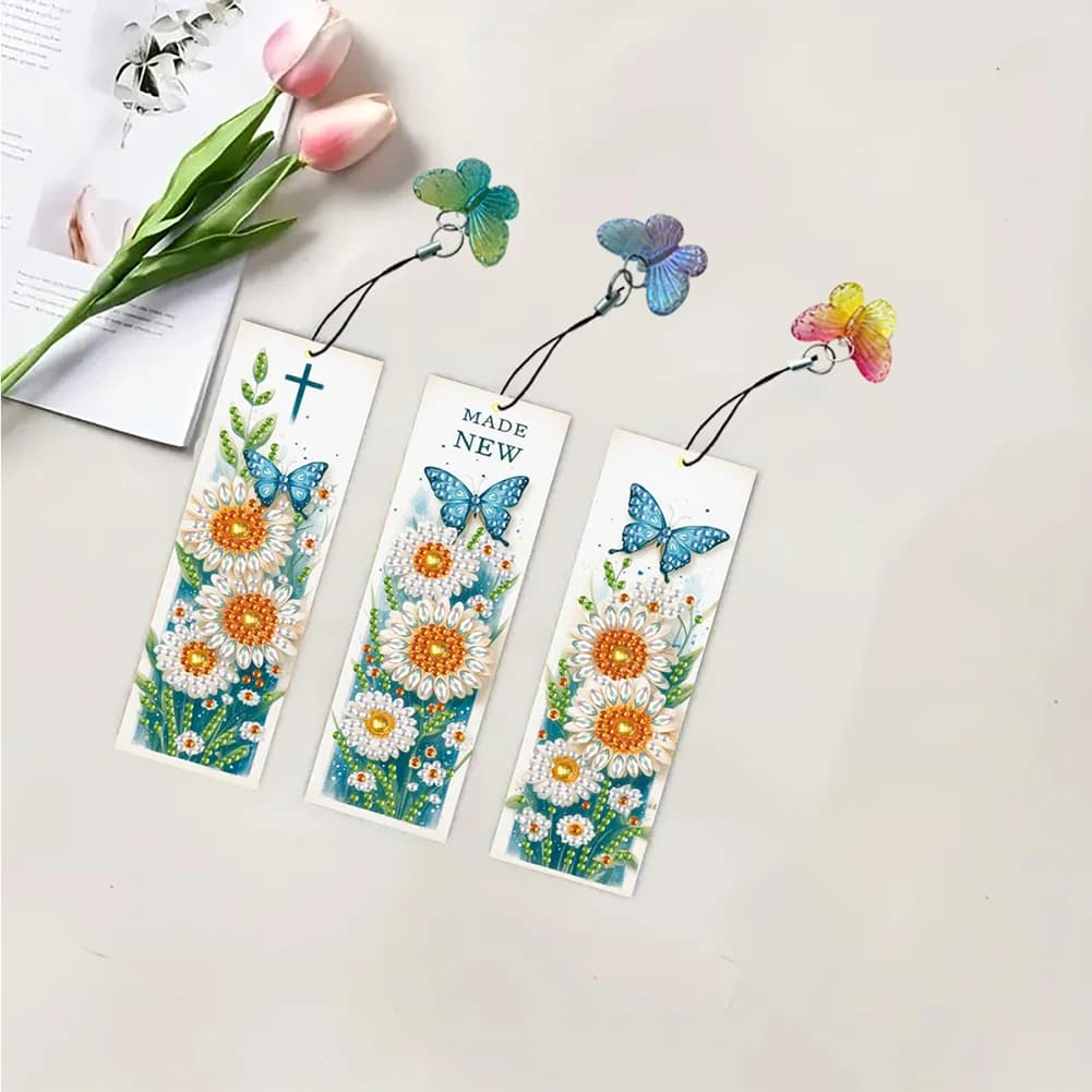 Set di 3 Segnalibri a Forma di Fiore con Diamanti, Kit per Progetti Artistici e Creazione di Segnalibri con Diamanti, Segnalibro Artistico con Ciondolo