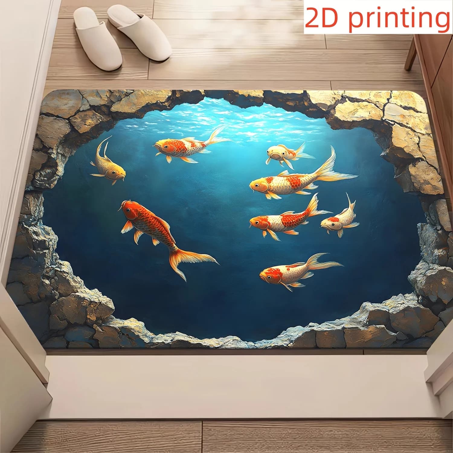 Vibrant Koi Fish Rocks Non-slip Mat Indoor and Outdoor Mat for Bathroom Living Room Camping Yoga Artistic Fish Deco