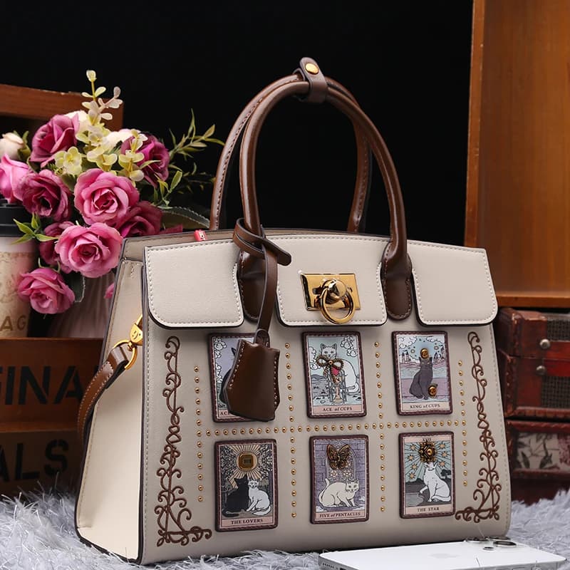 2025 Borsa tote con gatto dei cartoni animati di alto lusso e vintage con delicata stampa di ricami Borsa a tracolla da donna elegante e alla moda