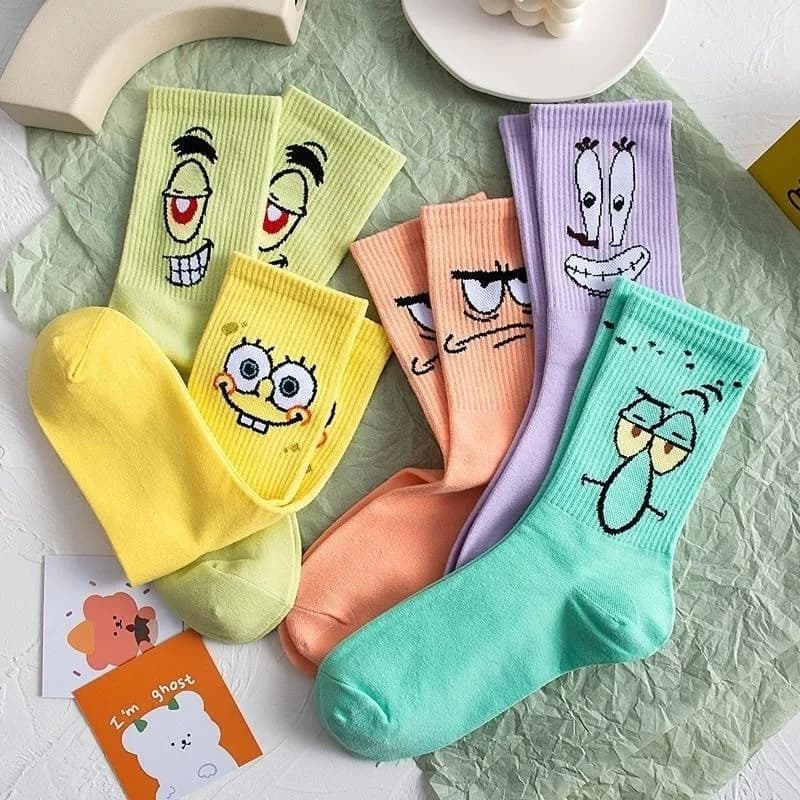 Summer SpongeBob SquarePants Cotton Socks Women Mid High Tube Colorful Printed Hosiery Breathable Sports Socks for Spring Daily