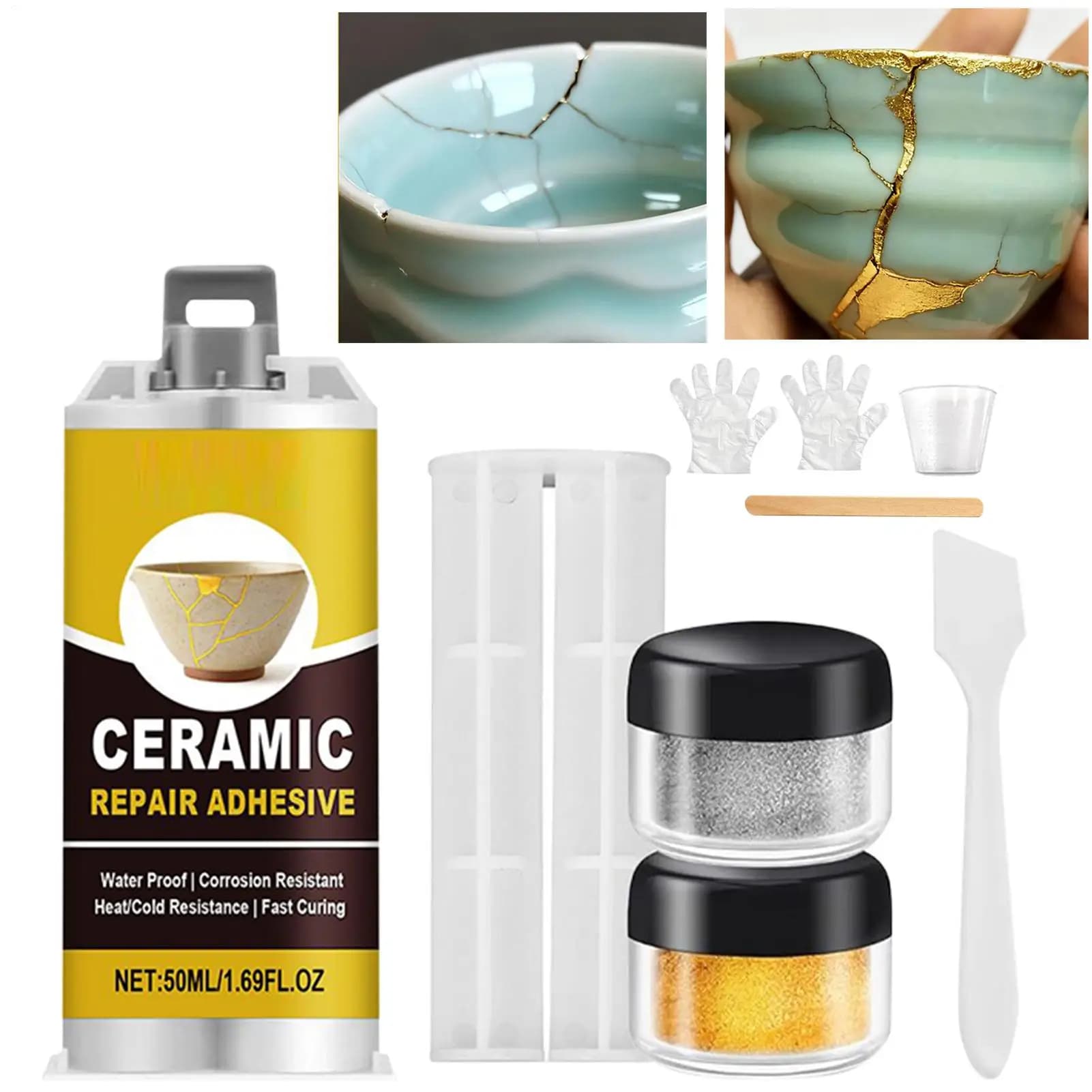 Kit di riparazione in ceramica giapponese Kintsugi, adesivo dorato sicuro per alimenti, per il restauro di sculture per vasca da bagno artigianali in ceramica rotta