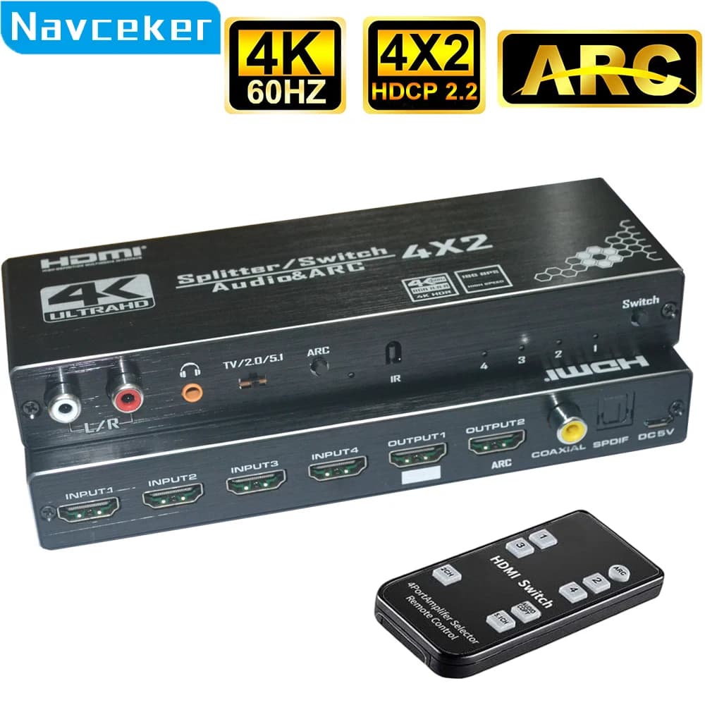 HDMI 4K 2025 4x2 switch with remote optical toslink and coaxial HDMI switch 4 inputs 2 HDMI 2.0 4 port switch outputs for Apple TV PS4