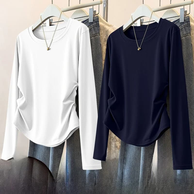 Fashionable Long Sleeve T-Shirt Women's 2025 New Style Spring Autumn High Waist Cuffed Quality Base Layer Top Casual Wear