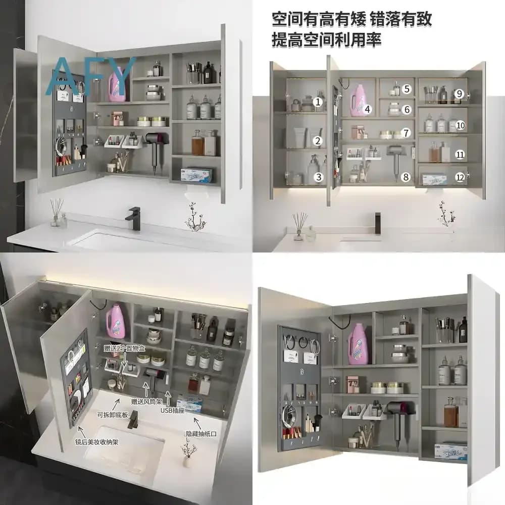 Stainless Steel Mirror Cabinet for Smart Bathroom Mirror Box for Toilet with LED Lighting and Anti-Fog Function