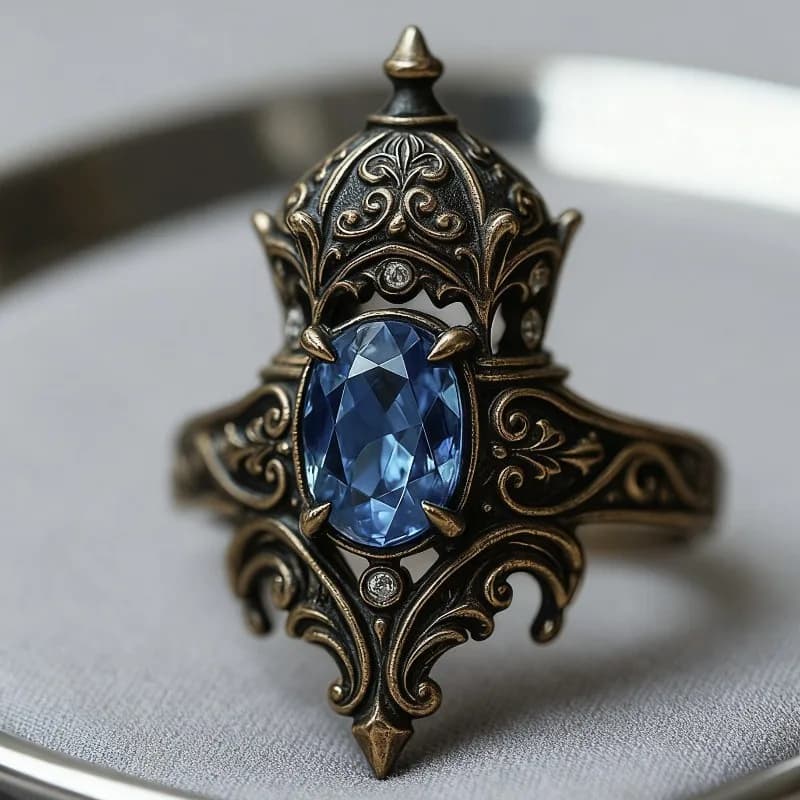 A Retro Ethnic Style Lady's Castle Ring Inlaid with Blue Zircon Holiday Gift Jewelry.
