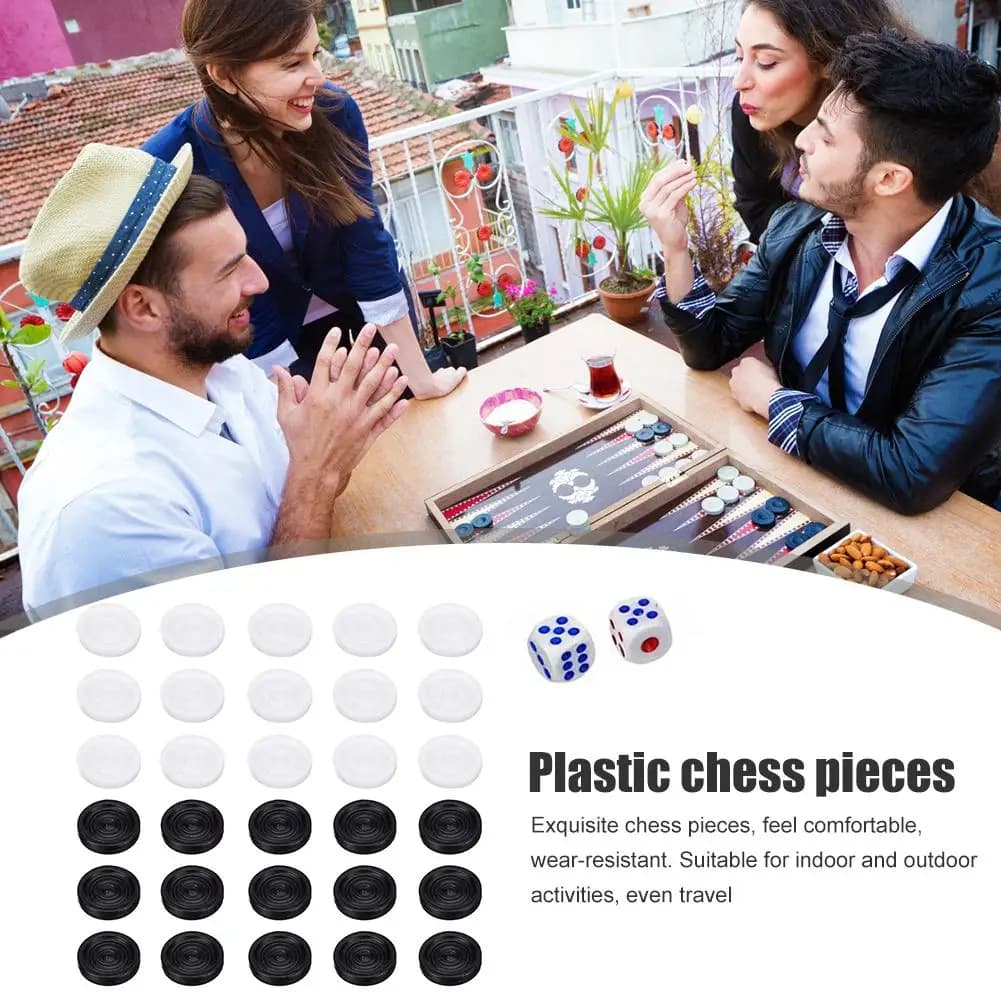 30 pezzi di scacchi in plastica per backgammon con 2 dadi, gioco da tavolo per bambini