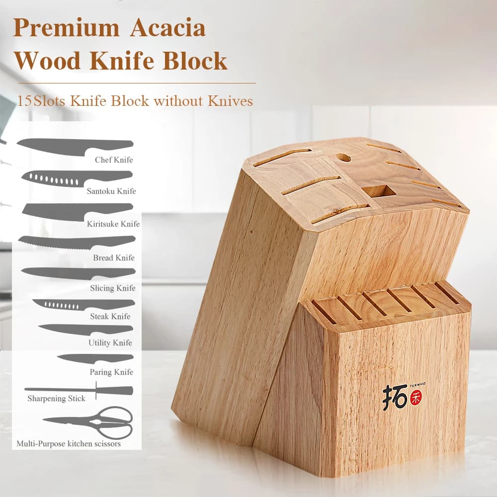 NUOVO Portacoltelli in Legno Massello di Acacia per Set di 15 Coltelli da Cucina, Forbici, Asta Affilacoltelli, Supporto per Coltelli, Scaffale Porta Utensili