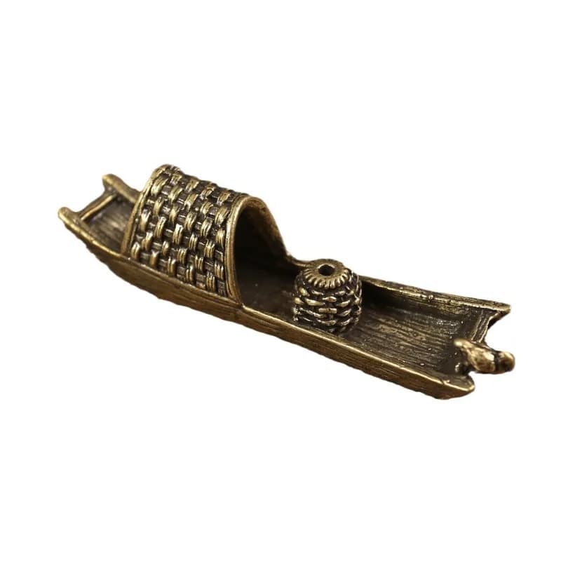 Antique Brass Sampan Incense Holder, Boat Shaped Stick Incense Stand, Chinese Zen Table Decor for Tea Room