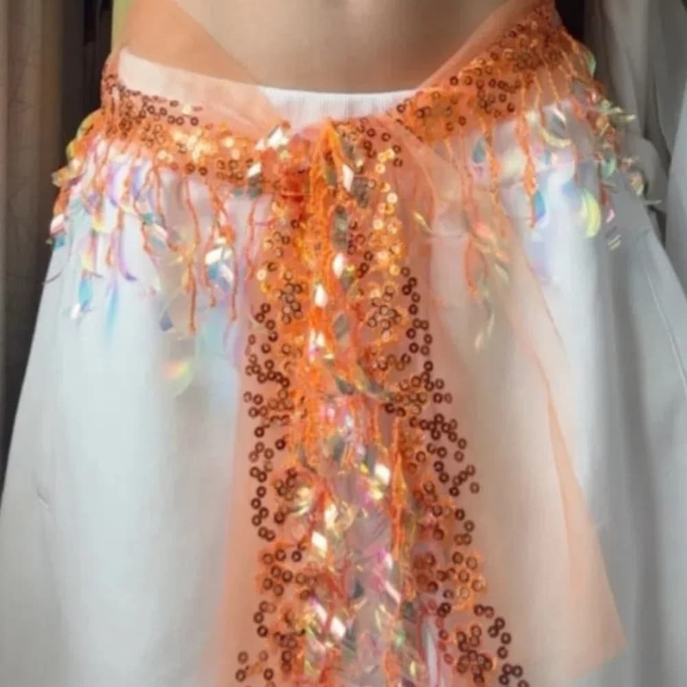 Sciarpa per fianchi con decorazioni in jeans, per danza jazz e hip-hop, stile Y2K, con nappe, sciarpa triangolare, prolunga per camicia, fascia in vita con paillettes