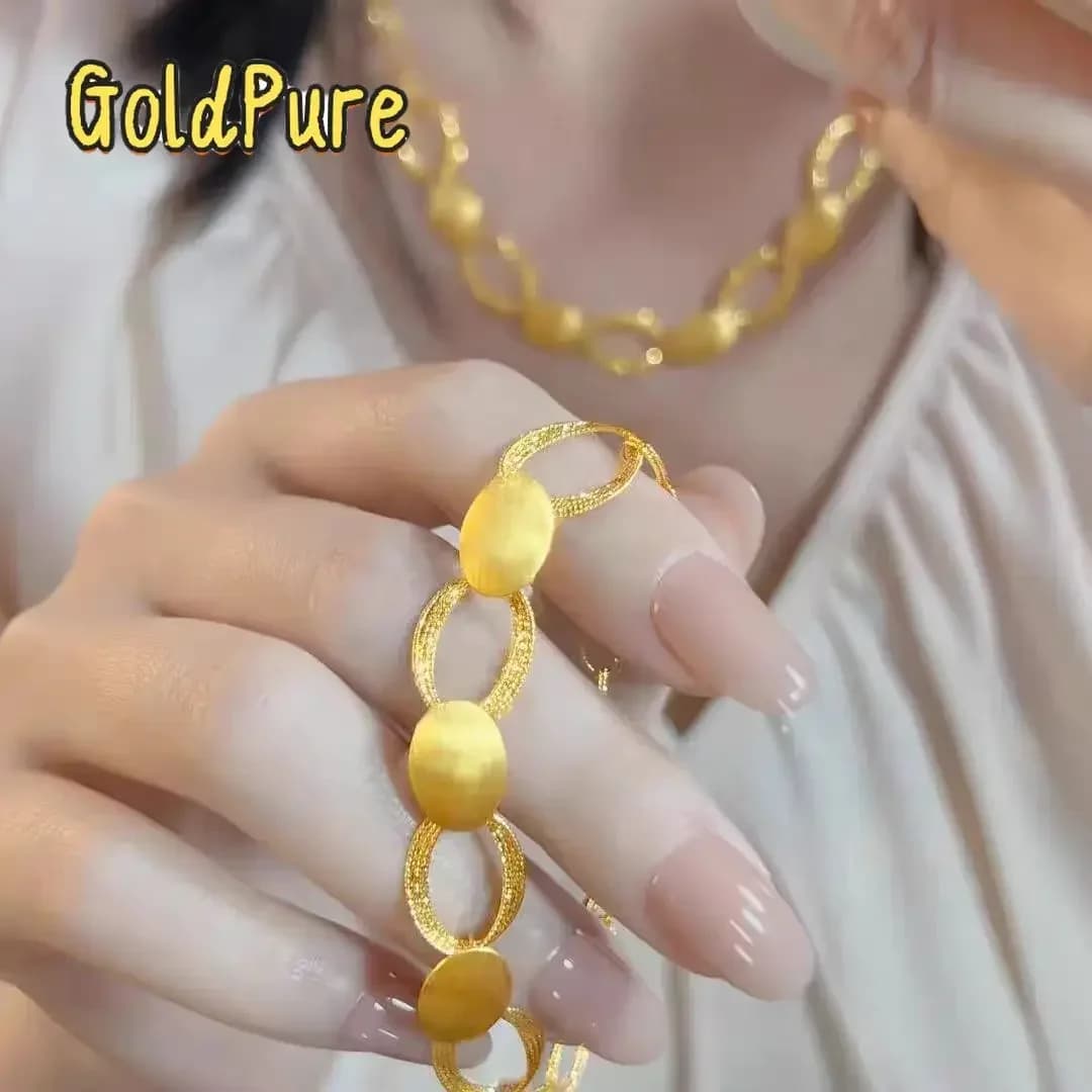Goldpure 9999 24K oro vero con alone di luce e ombra, collana ovale da donna di lusso leggero con lavorazione spazzolata e anello intrecciato, orecchini abbinati
