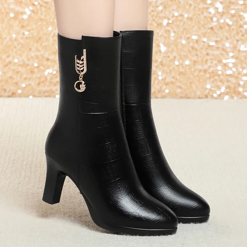 7.5cm 9cm Elegant Block High Heels Boots Platform Shoes Winter 2026 Women's Soft Leather Warm Fur Mid Calf Plush Boots Office