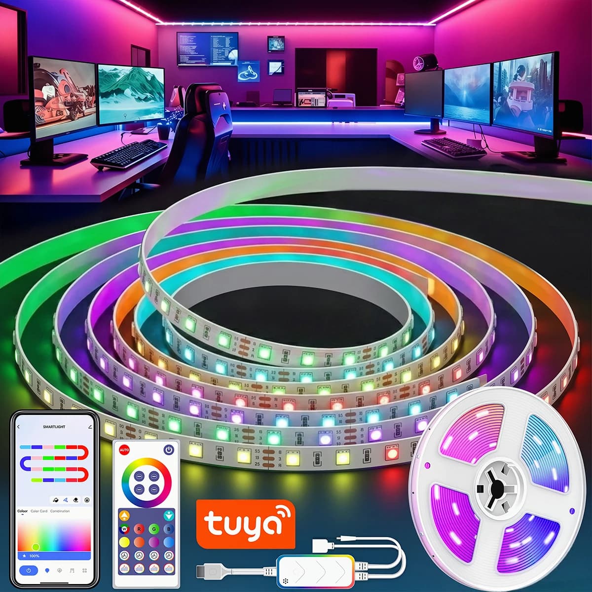 Striscia LED Intelligente 5050 da 1-5 Metri, Controllo Remoto Tuya Wifi Alexa, Nastro RGBIC, Luce LED USB 5V per Pareti e Stanze, Lampada a Nastro LED