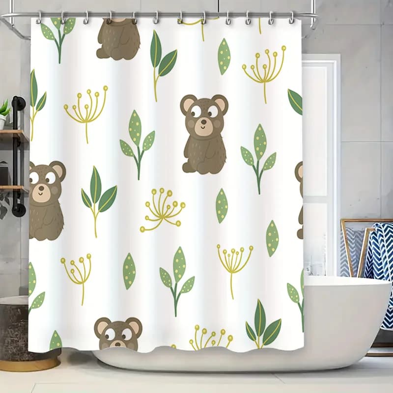 Adorabile tenda da doccia con foglie di orsi marroni, decorazione verde bianca per bagni, facile installazione, design senza gancio!
