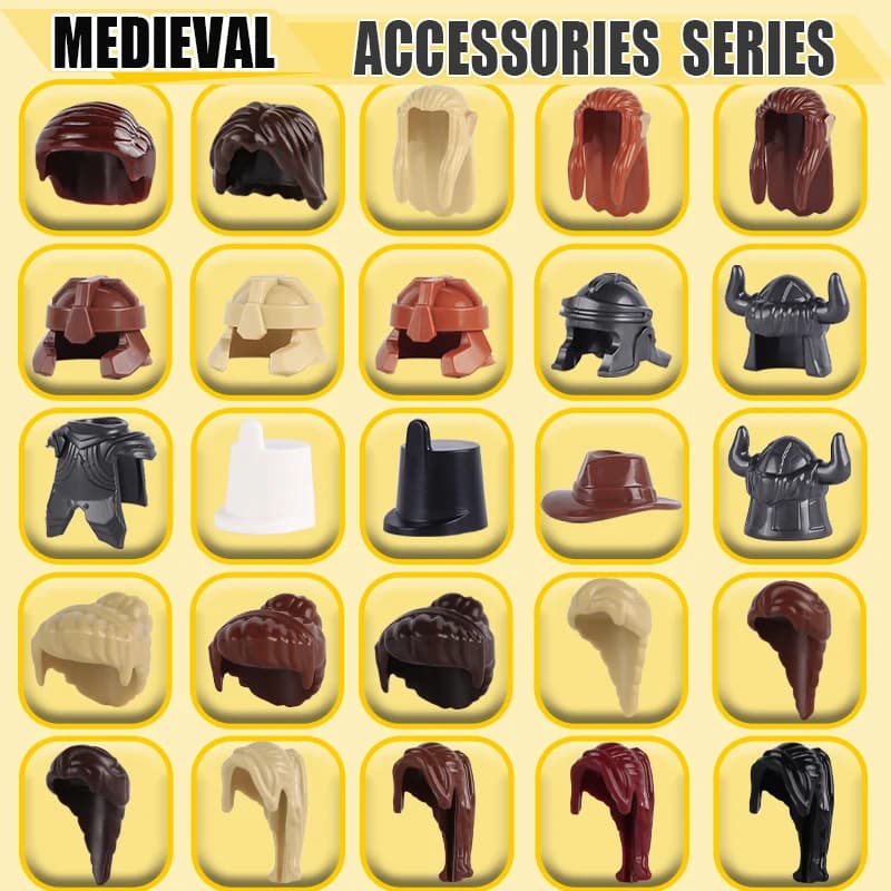 MOC Medieval Military Helmet Vest Series Building Blocks City Street View Elf Hair Hairstyle Knight Accessories Bricks Toy Gifts