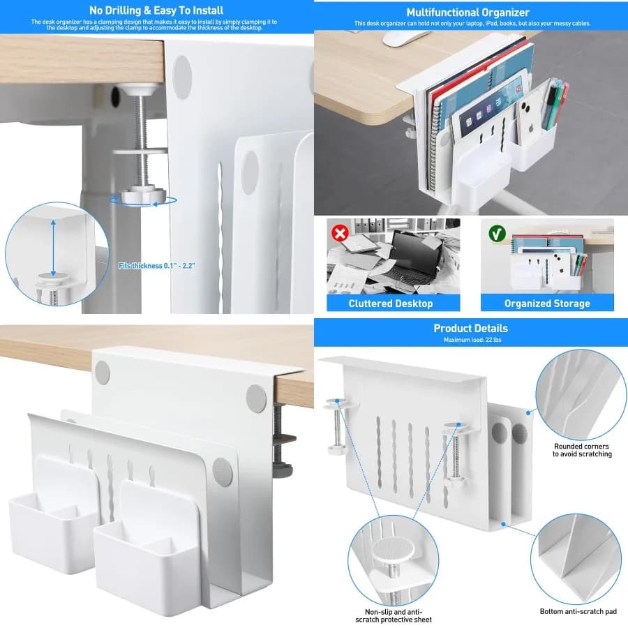 Portaoggetti laterale da scrivania sotto la scrivania Supporto per laptop da tavolo Organizzatore di file sospeso laterale Nessuna morsetto per trapano sul vassoio di gestione dei cavi Supporto per laptop