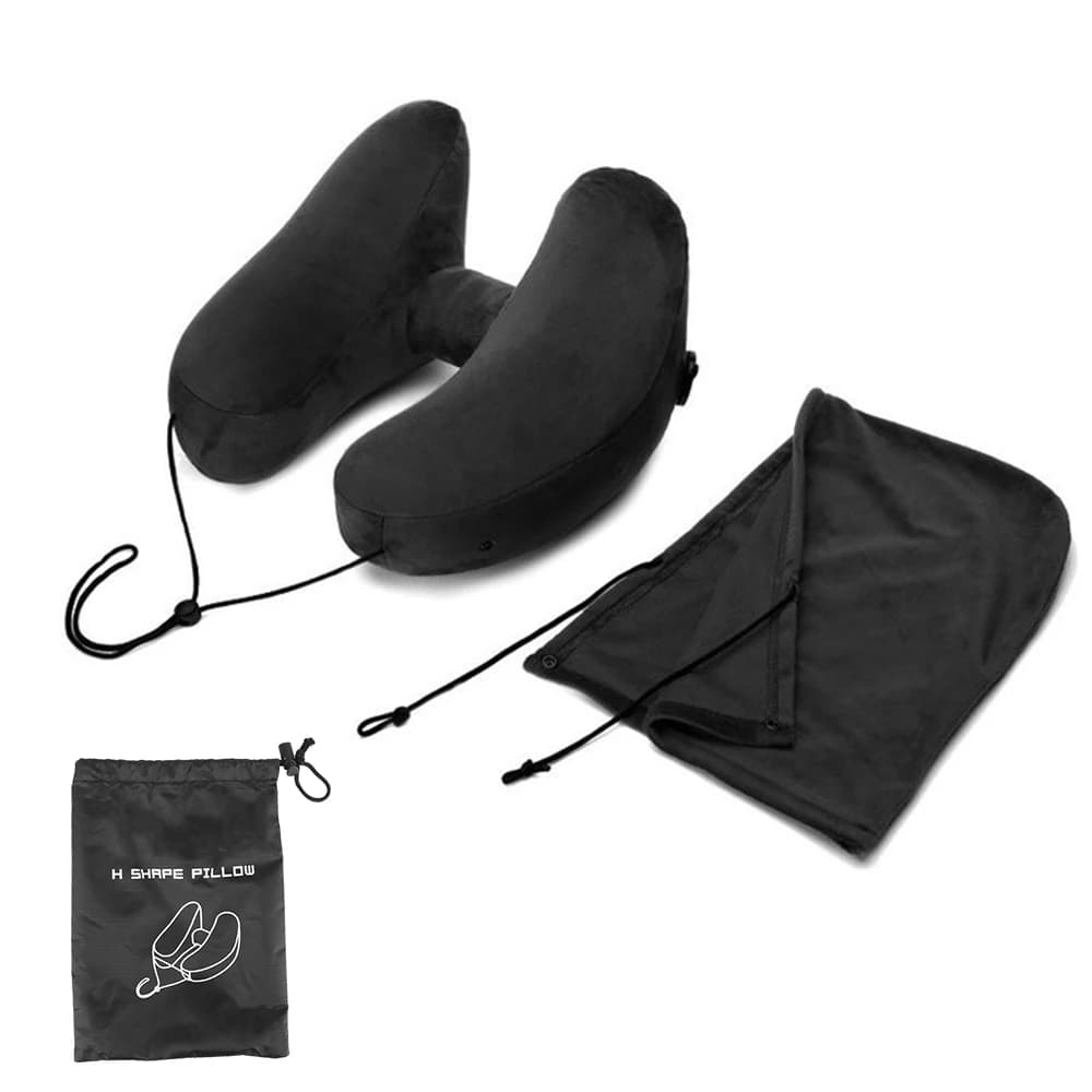 Cuscino per il collo da viaggio cuscino gonfiabile a forma di H cuscino portatile a forma di U cuscino per poggiatesta per auto cuscino gonfiabile per il collo con cappuccio