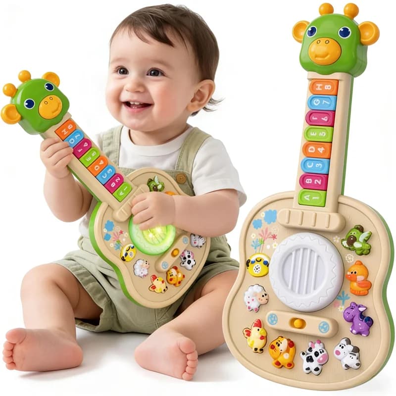 Chitarra elettronica per bambini, pianoforte per neonati con suoni di animali, riconoscimento dei colori, luci e melodie, giocattolo educativo, giraffa verde