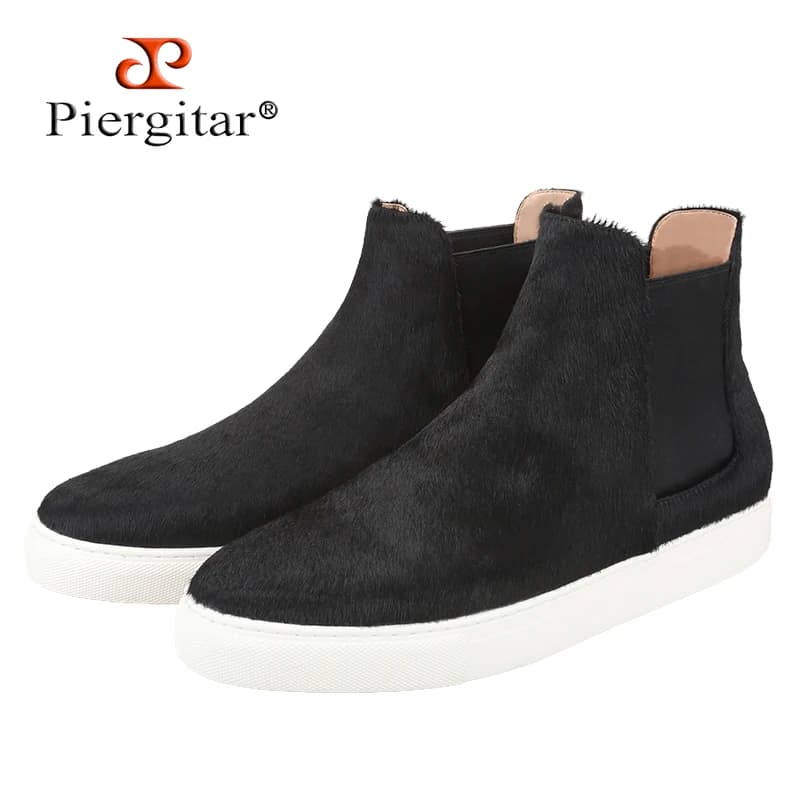 Piergitar Winter Styles Scarpe alte da uomo in crine di cavallo nero Stivali bianchi con suola spessa realizzati a mano con interno in vera pelle