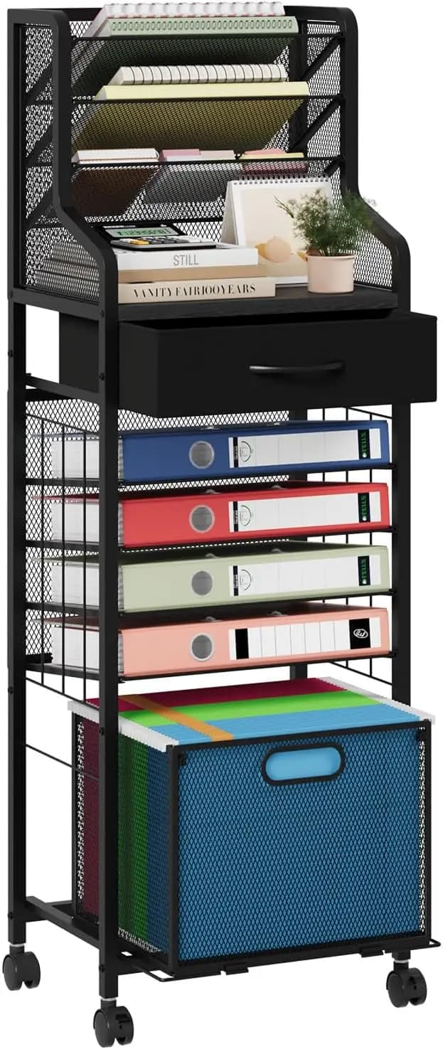 Carrello Portadocumenti a 10 Ripiani con Cassetto e Cartelle Appendibili, Ruote Bloccabili per Ufficio, Casa, Studio, Scuola, Colore Nero