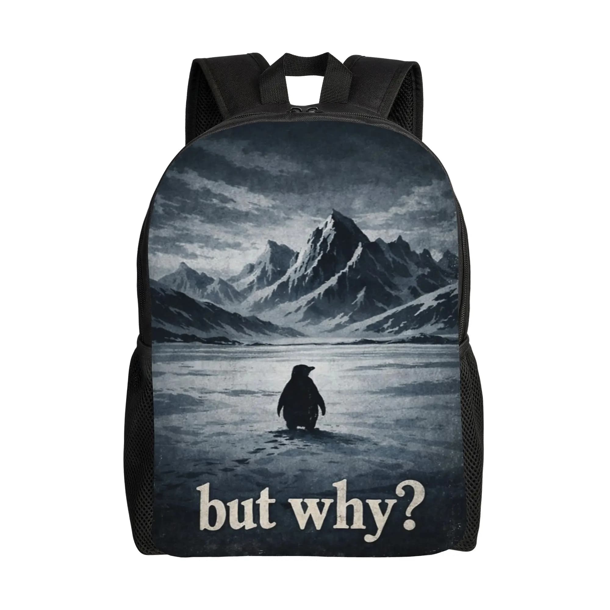 Zaino grafico Nihilist-Penguing But Why Viral Meme per uomo, donna, adolescente, scuola superiore, lavoro, borsa a tracolla per laptop