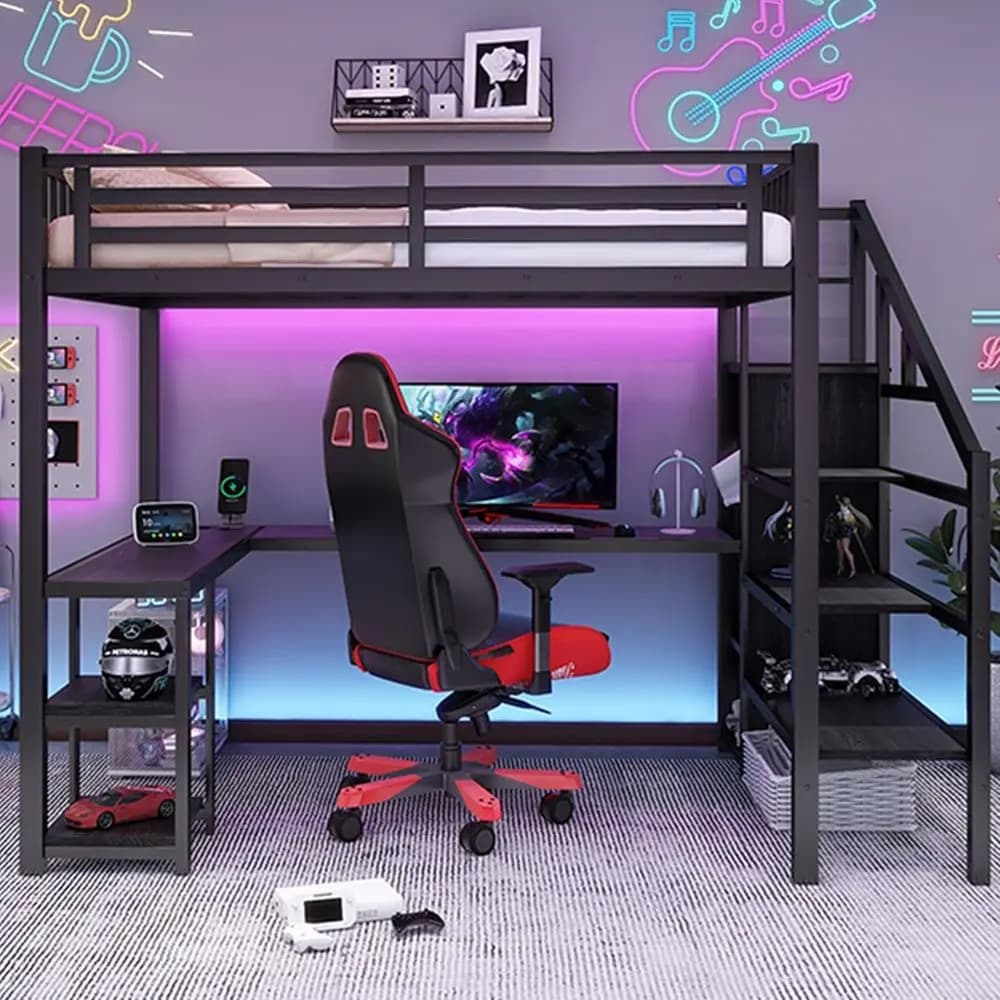 Heavy-Duty Metal Full-Size Bed with Desk, Stairs, Wardrobe, Shelves, LED Lights, and USB Charging for Gaming, Suitable for Kids,