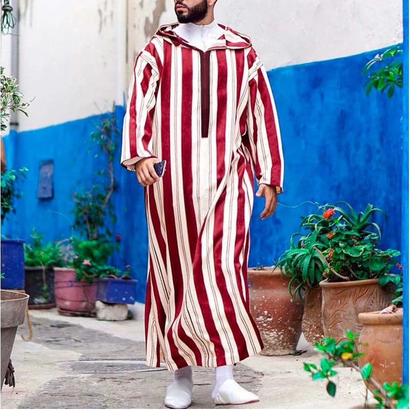 Men's Long Robe Coat Autumn 2026 New Color Block Striped Hooded Jacket Ethnic Style Loose Fit Casual Wear Four Way Stretch Fa...