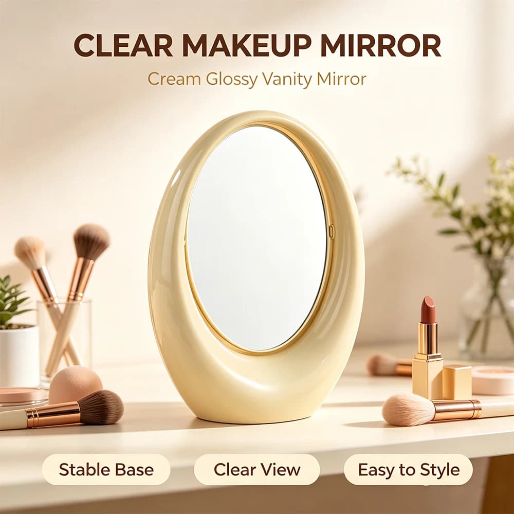 Oval Desktop Makeup Mirror Glossy Hollow Vanity Mirror Stable Base Table Cosmetic Mirror for Bedroom Bathroom Dresser Decor