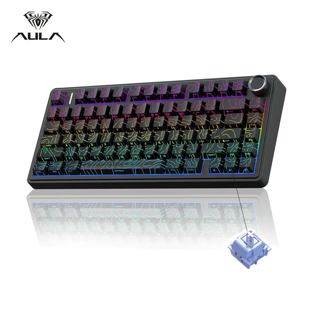 AULA F75 Tri-Mode Gaming Mechanic Keyboard with PBT Lateral Cutters, 75% Layout, Custom RGB Lighting for PC