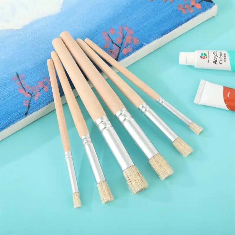 6-pack Wooden Handle Hard Hair Set Paint Brush Pier Pen Piggy Mane Oil Painting Brush Round Head Professional Art Cleaning Brush