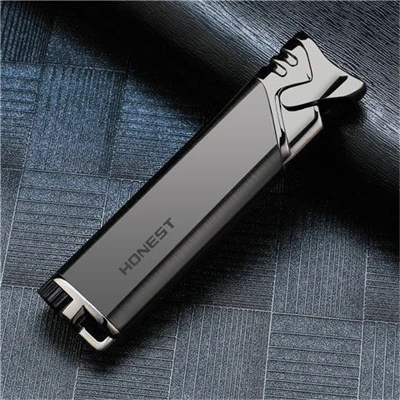 Nuovo metallo ultra sottile snello jet torcia dritto carica a gas antivento gonfiabile butano accendino metallo blu fiamma regalo di moda