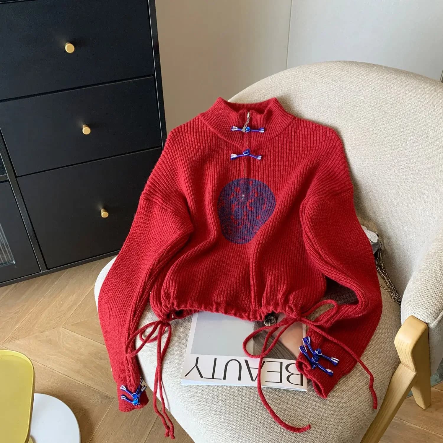 Maglione rosso stile cinese femminile primavera autunno nuovi bottoni vintage pullover lavorato a maglia Office Lady stampa con coulisse Top Tee