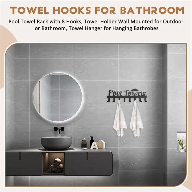 AC23-Pool Towel Rack With 8 Hooks, Towel Holder Wall Mounted For Outdoor Or Bathroom, Towel Hanger For Hanging Bathrobes